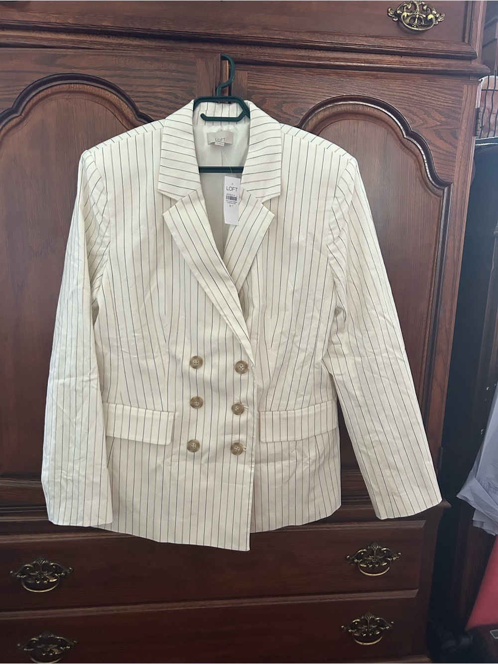 LOFT Cream Pinstripe Double-Breasted Blazer with Gold Buttons